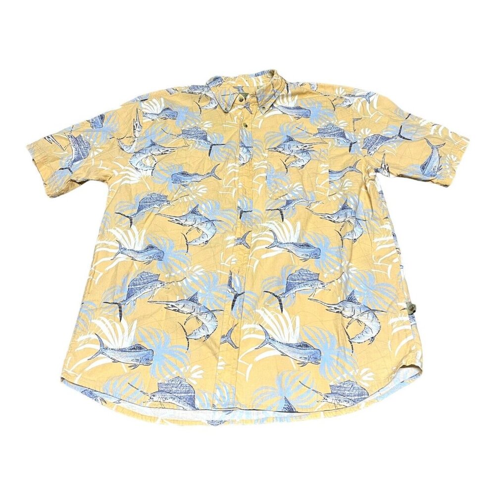 Joe Marlin Hawaiian Button Down Shirt L Marlin Sailfish Tropical Camp Tropical
